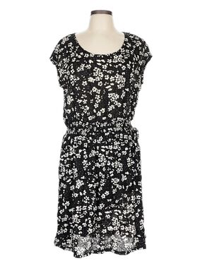 Med  Black White Floral Print Faux Wrap Ruched Waist  Knit Dress Comfort Casual